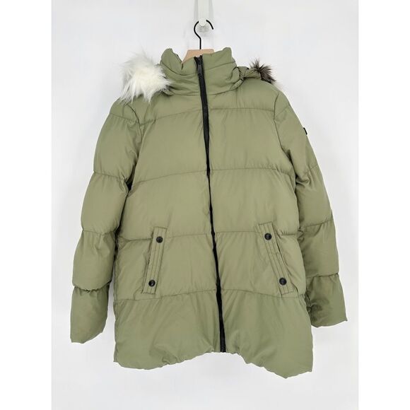 Sam Edelman Water Repellent Faux Fur Trim Puffer Jacket Quilted Green Women's M - Picture 5 of 13